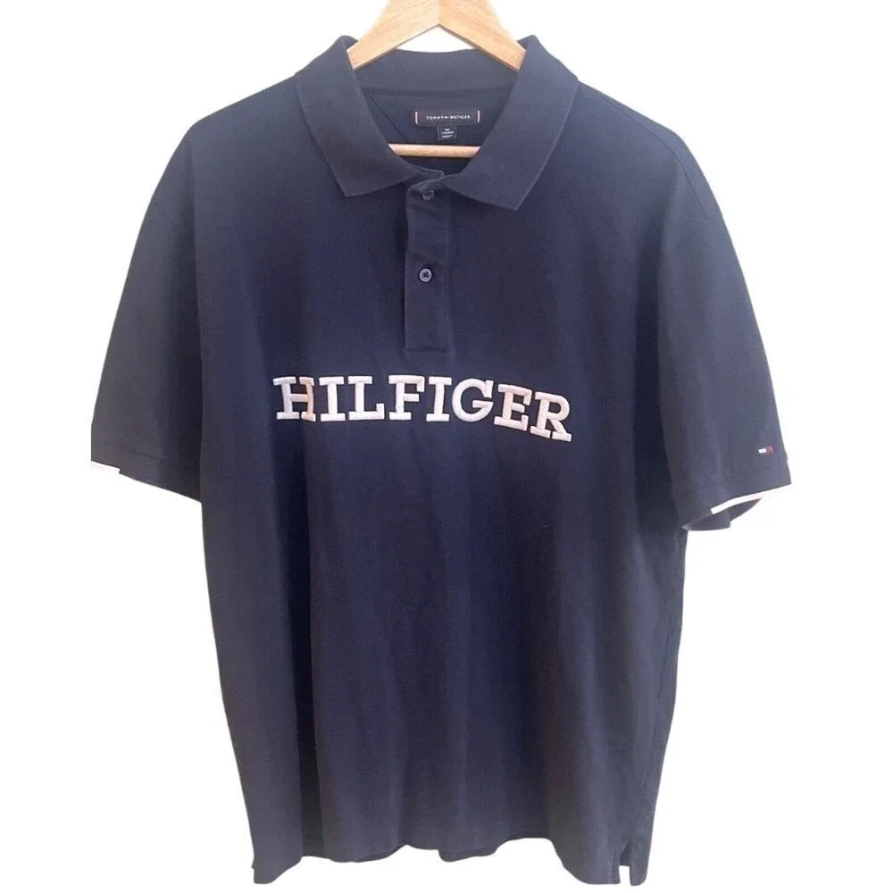 VTG Tommy Hilfiger Navy Blue Embroidered Big Logo Short Sleeve Polo Shirt‎ XXL